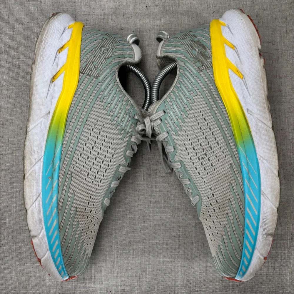 Hoka One One Clifton 5 Gray Yellow Blue Running Shoes Sneakers Women's Size 10.5